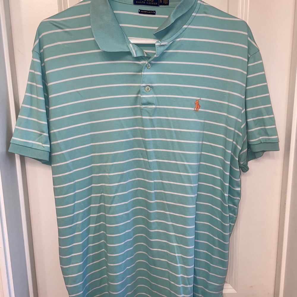 Ralph Lauren Men's Polo Shirt - Teal and White Stripes